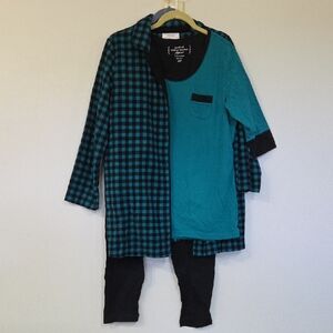 Carole Hochman Pajama Set - Teal and Black Checkered Jacket, T-Shirt And Pants